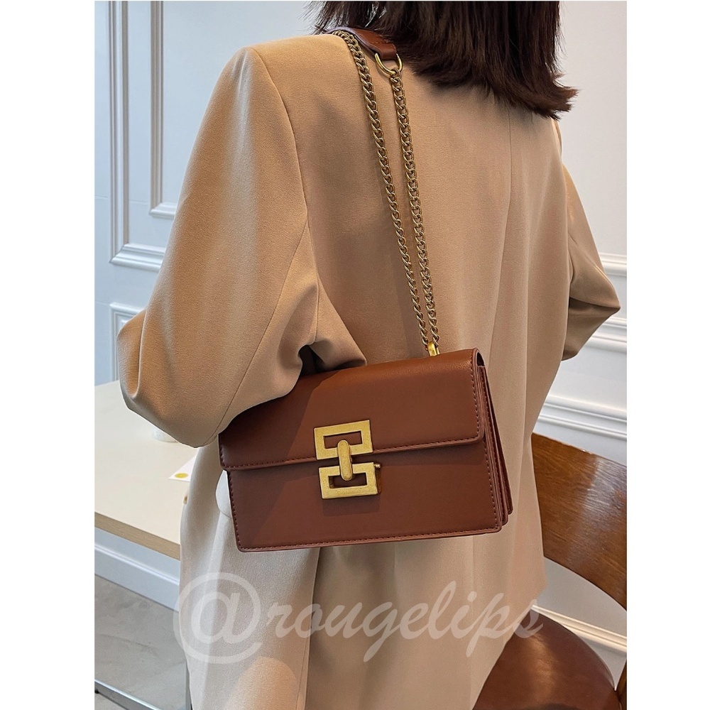 Brown PU Faux Leather Shoulder Bag Yellow Gold Tone Buckle Flap Chain Strap - Picture 2 of 11